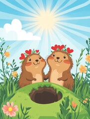 Obraz premium a flat design, features cute groundhogs coming out of a hole with heart-shaped flowers on their heads. The background is a green grassy field with a blue sky. groundhog day.