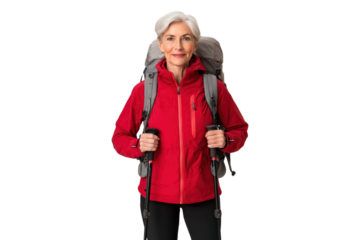Senior woman wearing a red jacket with a backpack, isolated on transparent background