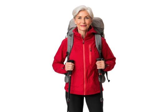 Senior woman wearing a red jacket with a backpack, isolated on transparent background - Powered by Adobe