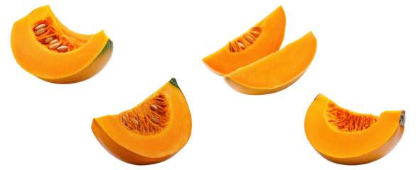 Set of fresh orange pumpkin slices with seeds, isolated on transparent background