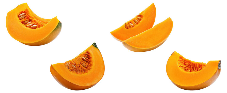 Set of fresh orange pumpkin slices with seeds, isolated on transparent background