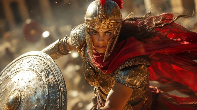 Cinematic close combat action of female warrior with sword and shield. Generative AI