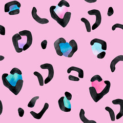Abstract seamless pattern with leopard spots.Black spots with rainbow accent.Safari print.Fashion style
