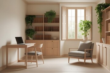 Fototapeta premium a Scandinavian-style home office with white walls, light wooden furniture, a simple desk with a laptop, a cozy chair, a shelf with books and plants