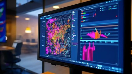 Colorful data visualization and analysis software running on a computer screen in a modern monitoring and control room, showing complex information and statistical graphs - Powered by Adobe