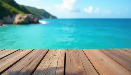 Fototapeta premium Weathered wooden surface overlooking tranquil blue sea, highresolution, photography