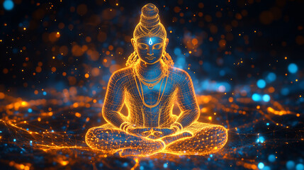 A mesmerizing digital representation of Lord Shiva, depicted in an intricate wireframe structure glowing with divine energy, symbolizing cosmic balance and spiritual strength