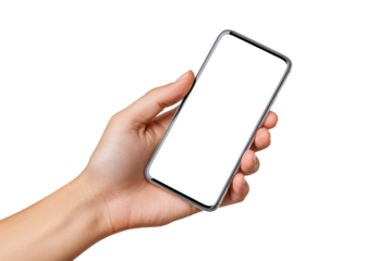 Hand holding a smartphone with blank screen at an angle, isolated on transparent background