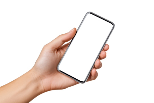 Hand holding a smartphone with blank screen at an angle, isolated on transparent background