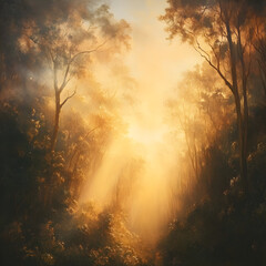 Fototapeta premium Golden Sunlight Filtering Through Forest Canopy 