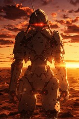 Damaged Mech Stands at Sunset Landscape