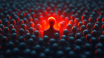 A single glowing red figure stands out among a crowd of dull white figures symbolizing individuality and uniqueness. Generative AI