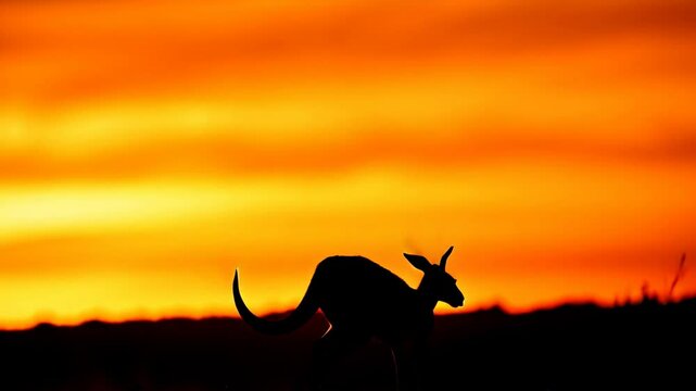 A Kangaroo Silhouetted Against an Orange Sky, Leaping Away from Approaching Flames in a Dramatic Wildfire Scene