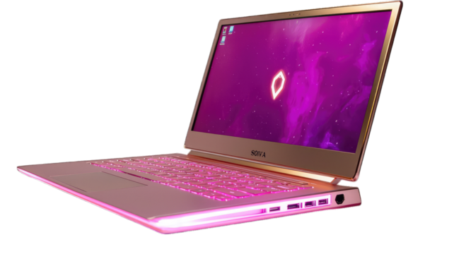 Rose gold laptop with glowing keyboard on dark background, for work or gaming
