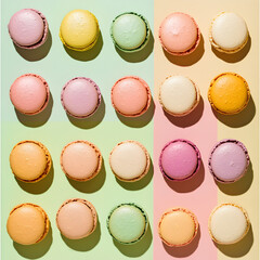Obraz premium a flat lay of pastel colored macarons arranged on a split background of pastel colors.