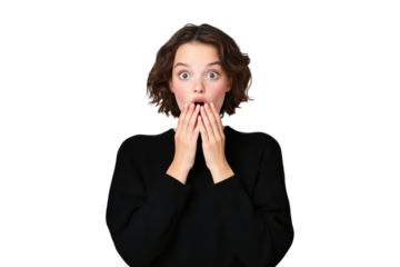 Surprised young woman covering her mouth with both hands, isolated on transparent background