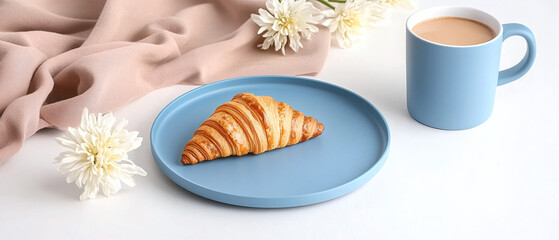 Personalized blue Valentine concept. Croissant on a blue plate with coffee and flowers in a cozy setting.
