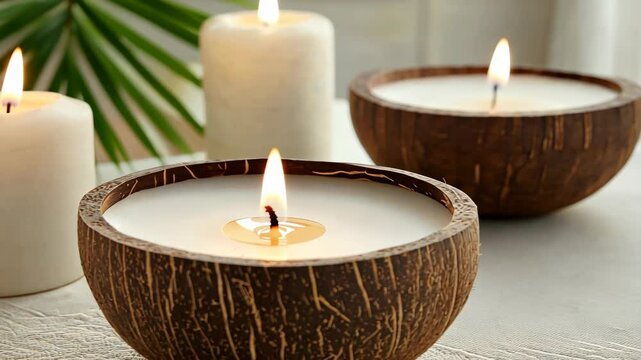 Coconut shell candles burning brightly, providing soft illumination and a tropical ambiance for relaxation video 4k