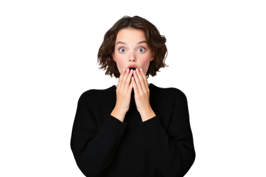 Surprised young woman covering her mouth with both hands, isolated on transparent background