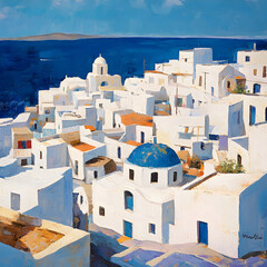 an aerial view of a whitewashed village overlooking the sea.  