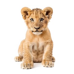 Obraz premium Adorable Lion Cub Sitting and Looking at the Camera with Curiosity