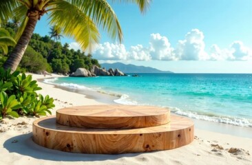 Fototapeta premium Wooden pedestal with free space for your decoration on tropical summer sand beach