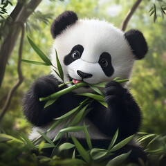 Obraz premium a cute panda bear eating bamboo in a green forest.
