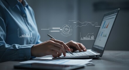 Data Analysis: Businesswoman working on laptop with graphs and charts