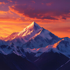 Majestic snow-capped mountain peak at sunset. 
