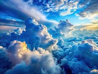 Dreamy aerial shot: ethereal white and blue cloudscape, whimsical formations paint a heavenly, textured sky.