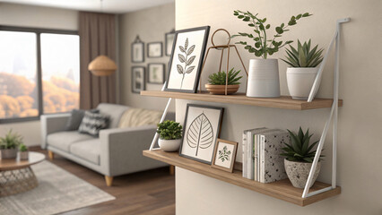 Modern Living Room Decor with Plants and Framed Artworks on Shelf