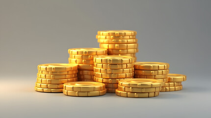 Stacked gold blank metal coins, 3D realistic money, cash, treasure pile. Game assets, payment signs, bank, finance symbols vector illustration on gray background