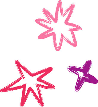 Colorful crayon drawn stars and comets. Doodle sparks and sparkles. Pencil or charcoal drawing. Crayon childish drawings