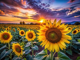 Fototapeta premium Enchanting sunflowers bathed in night's soft glow, a breathtaking natural backdrop.