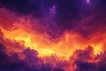 Fototapeta premium Fiery Storm Clouds with Lightning Bolts and Dramatic Colors in Nature