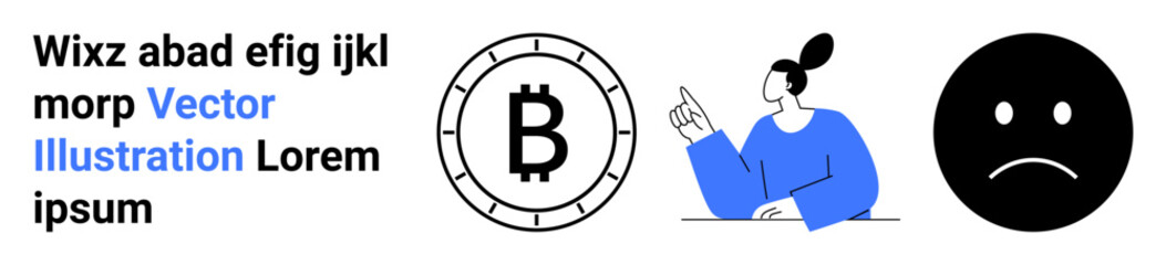 Bitcoin symbol inside a coin outline, person in blue pointing finger upward, sad face in black circle, and dummy text in blue and black fonts. Ideal for finance, cryptocurrency, emotions, web design