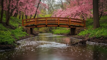 Small bridge over a stream with blossoming trees on both sides - generated AI