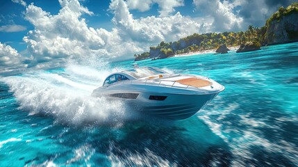 Fototapeta premium Motorboat speeding through a tropical ocean, crystal clear water, adventure and thrill 