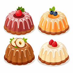 Delicious set of Bundt cakes perfectly arranged on a white background