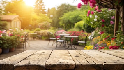 Rustic Wooden Table with Colorful Flowers and Sunlit Garden Patio, Summer Outdoor Setting