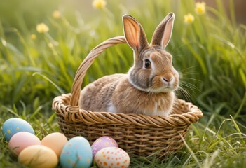 Adorable bunny in basket with painted Easter eggs outdoors.