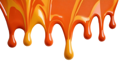 Vibrant orange paint drips gracefully against a dark background, showcasing fluid motion.