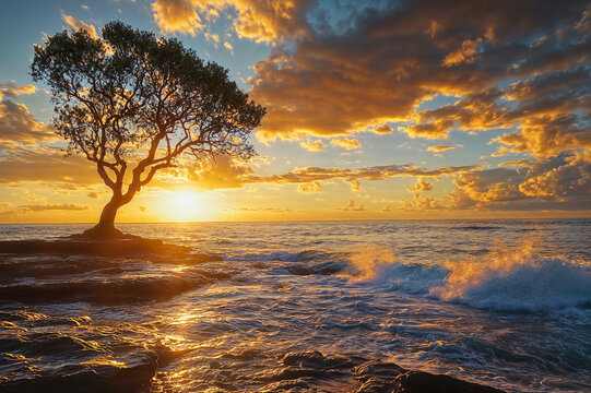 The image captures a beautiful sunset scene by the ocean, with a solitary tree standing on a rocky shore