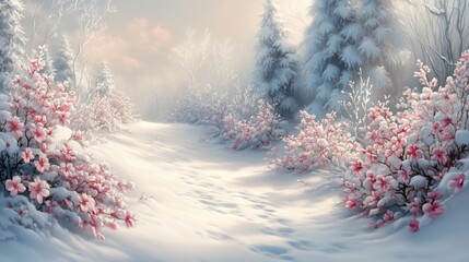 Snow-covered garden with frost on the flowers and trees generated AI
