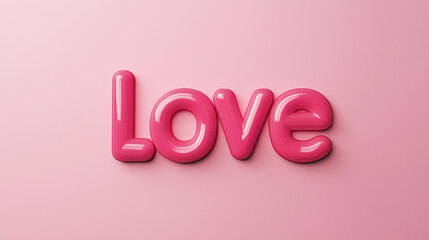 Glossy bright pink text "Love" isolated on pastel pink banner