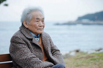 Fototapeta premium Senior asian man enjoying a peaceful moment while sitting on a bench by the sea, embracing the tranquility of nature