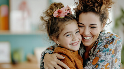 Smiling Mother Hugging Daughter at Home, Heartfelt Moment Reflecting Love, Connection, and the Importance of Family Bonds.