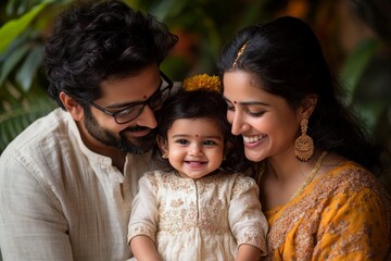 Family portrait with baby girl in traditional attire surrounded by greenery indoors during a joyful moment