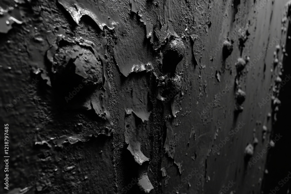Poster close-up of weathered black surface showing peeling paint and rusty texture in urban setting