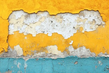 Textured wall with peeling yellow and blue paint revealing layers underneath in urban setting